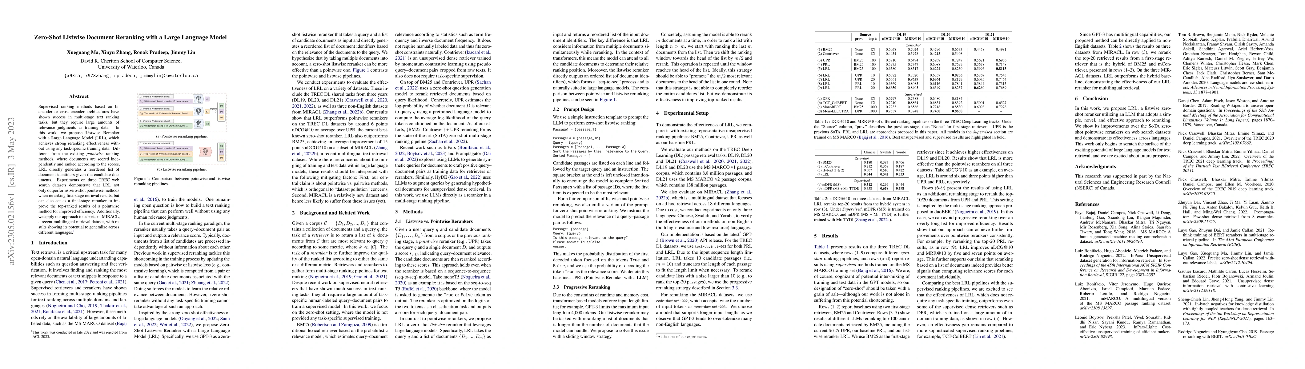 Thumbnail for Zero-Shot Listwise Document Reranking with a Large Language Model