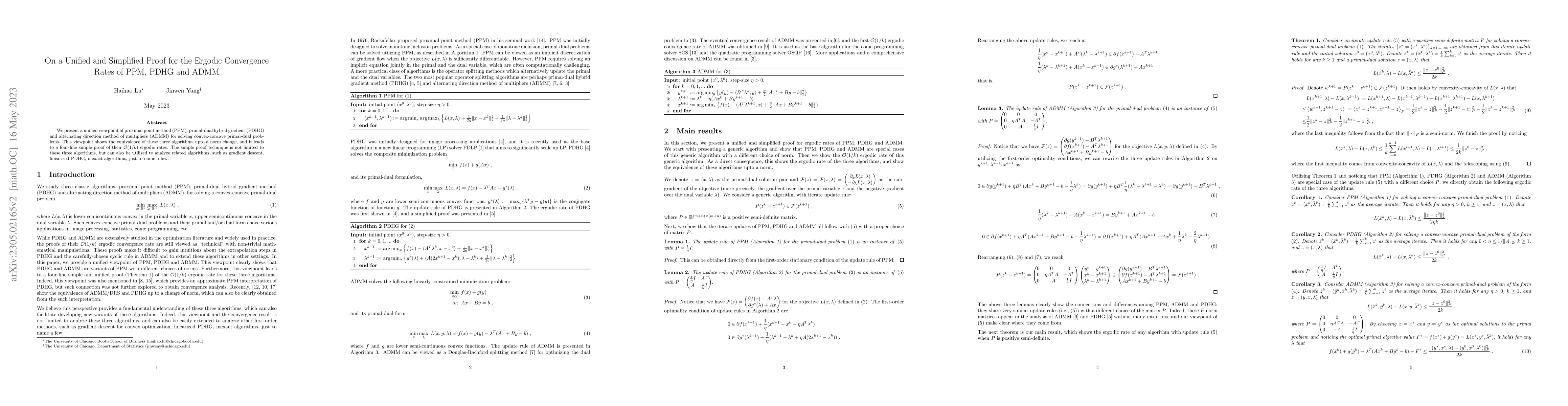 Thumbnail for On a Unified and Simplified Proof for the Ergodic Convergence Rates of
  PPM, PDHG and ADMM