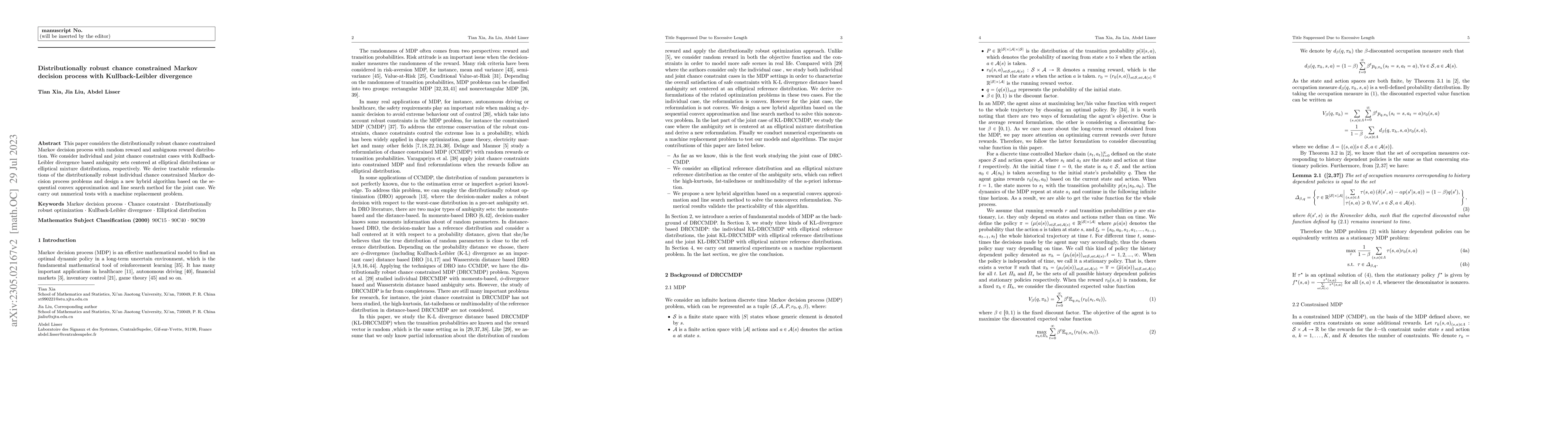 Thumbnail for Distributionally robust chance constrained Markov decision process with
  Kullback-Leibler divergence