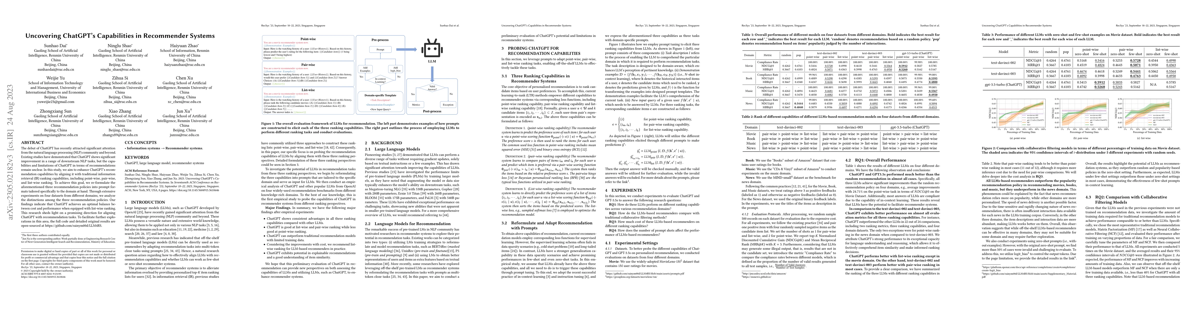Thumbnail for Uncovering ChatGPT's Capabilities in Recommender Systems