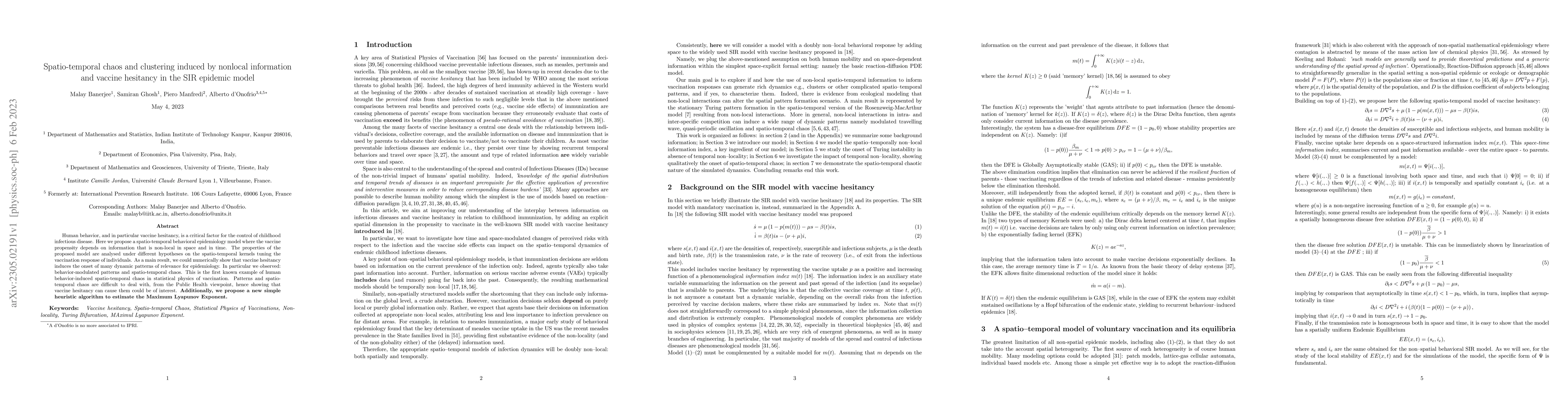 Thumbnail for Spatio-temporal chaos and clustering induced by nonlocal information and
  vaccine hesitancy in the SIR epidemic model