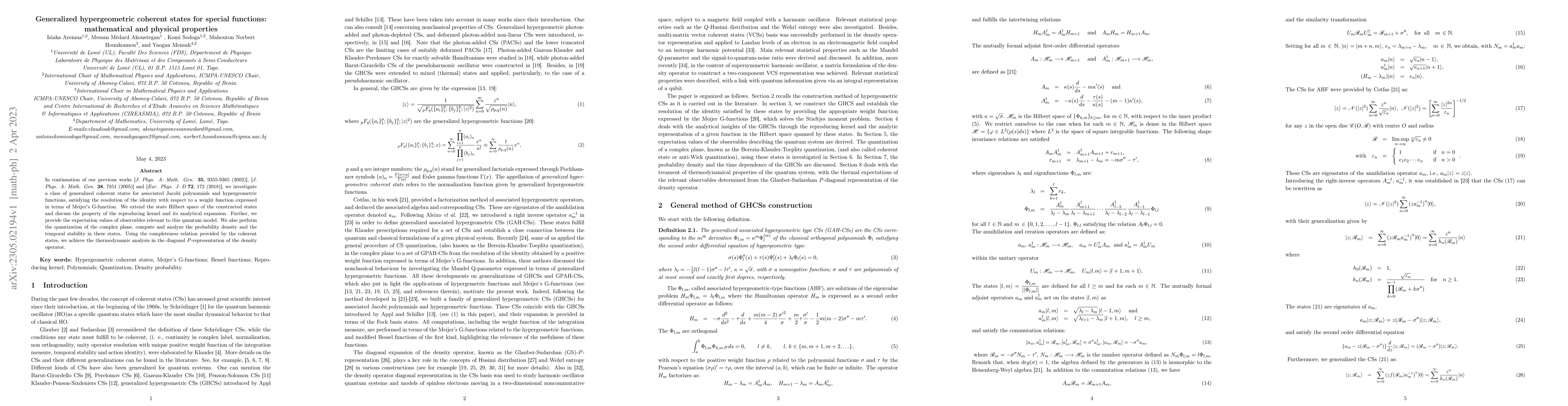Thumbnail for Generalized hypergeometric coherent states for special functions:
  mathematical and physical properties