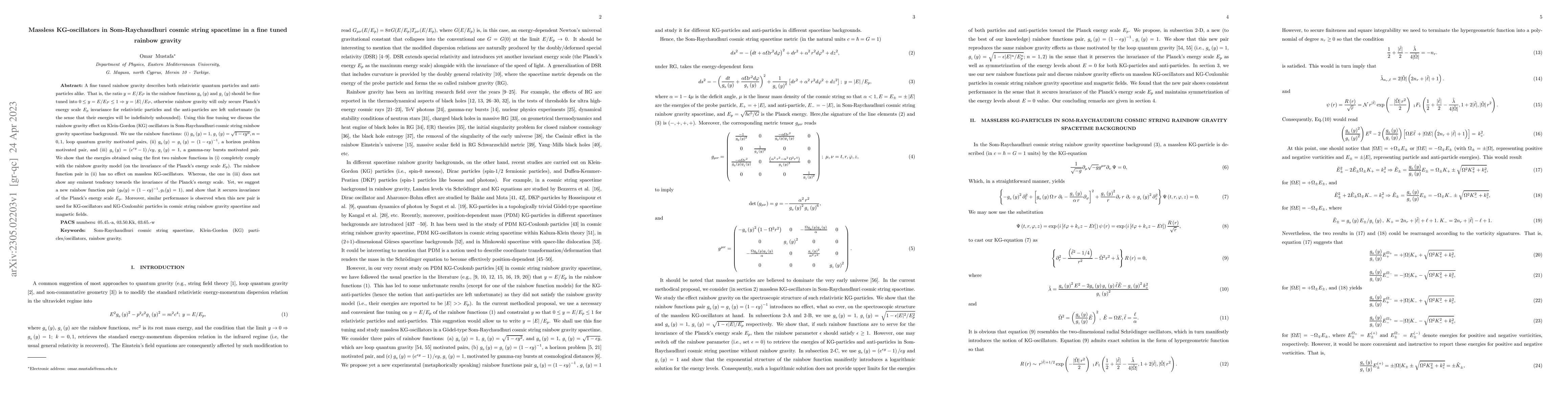 Thumbnail for Massless KG-oscillators in Som-Raychaudhuri cosmic string spacetime in a
  fine tuned rainbow gravity