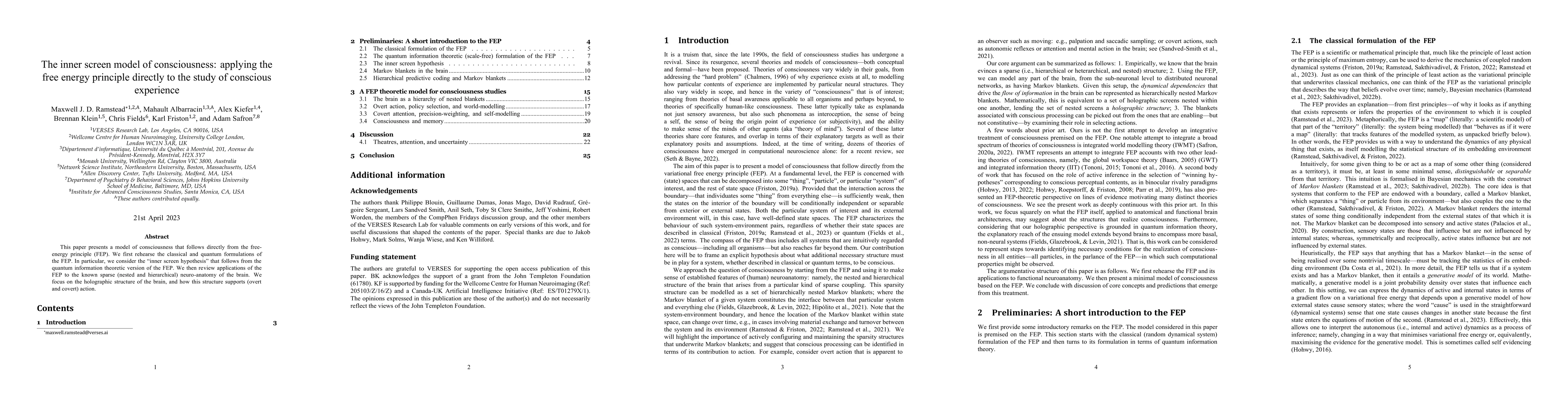 Thumbnail for The inner screen model of consciousness: applying the free energy
  principle directly to the study of conscious experience