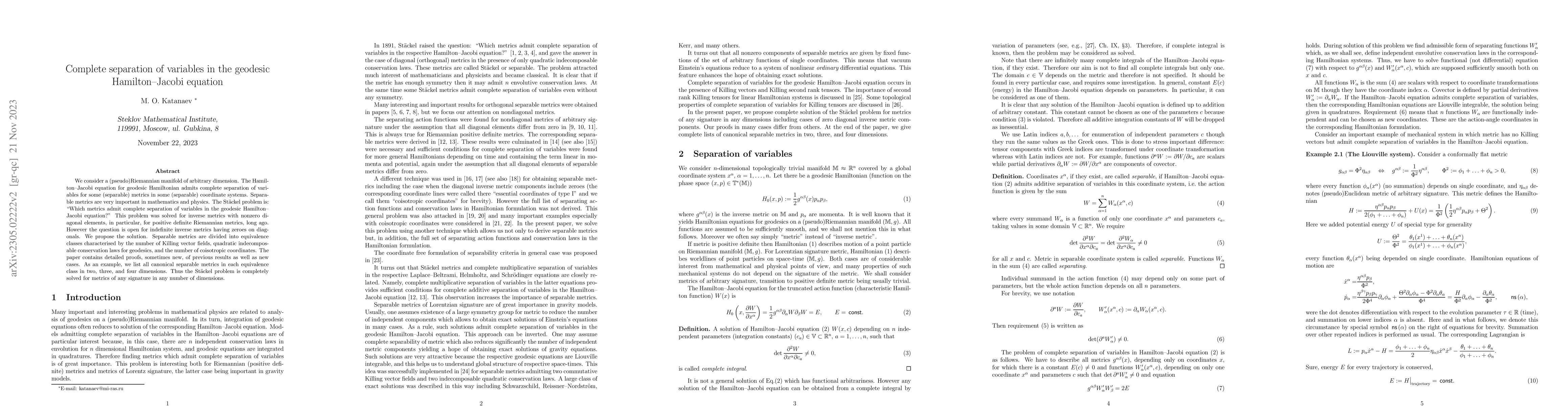 Thumbnail for Complete separation of variables in the geodesic Hamilton-Jacobi
  equation