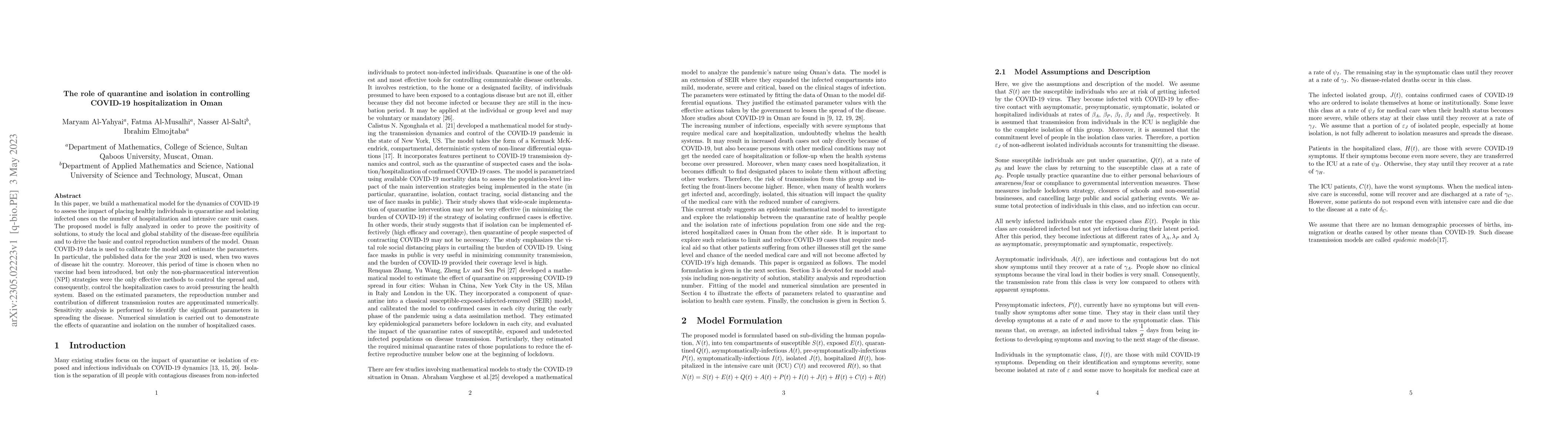 Thumbnail for The Role of Quarantine and Isolation in Controlling COVID-19
  Hospitalization in Oman