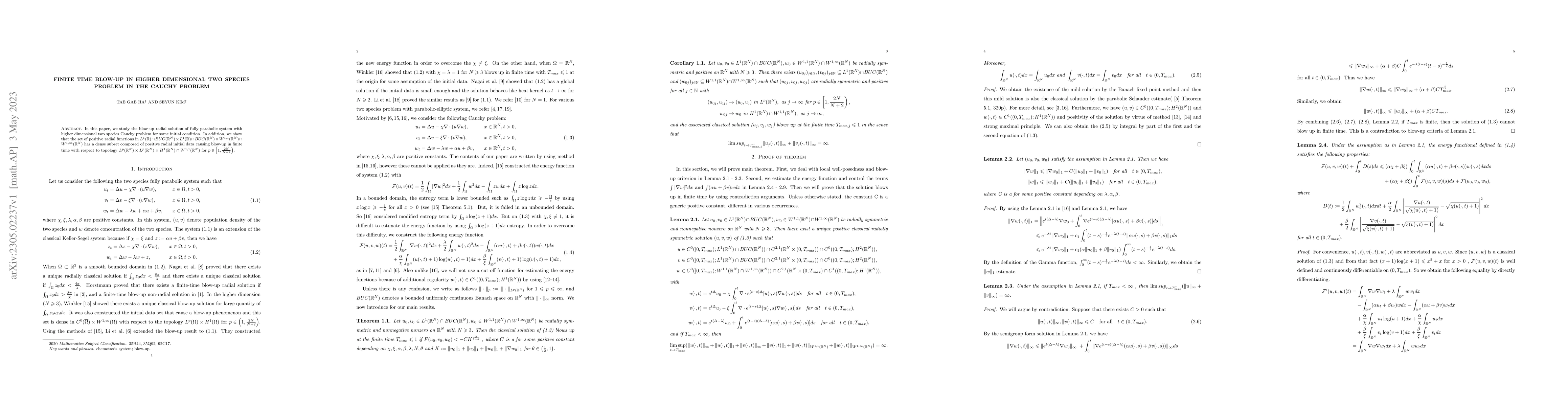 Thumbnail for Finite time blow-up in higher dimensional two species problem in the
  Cauchy problem