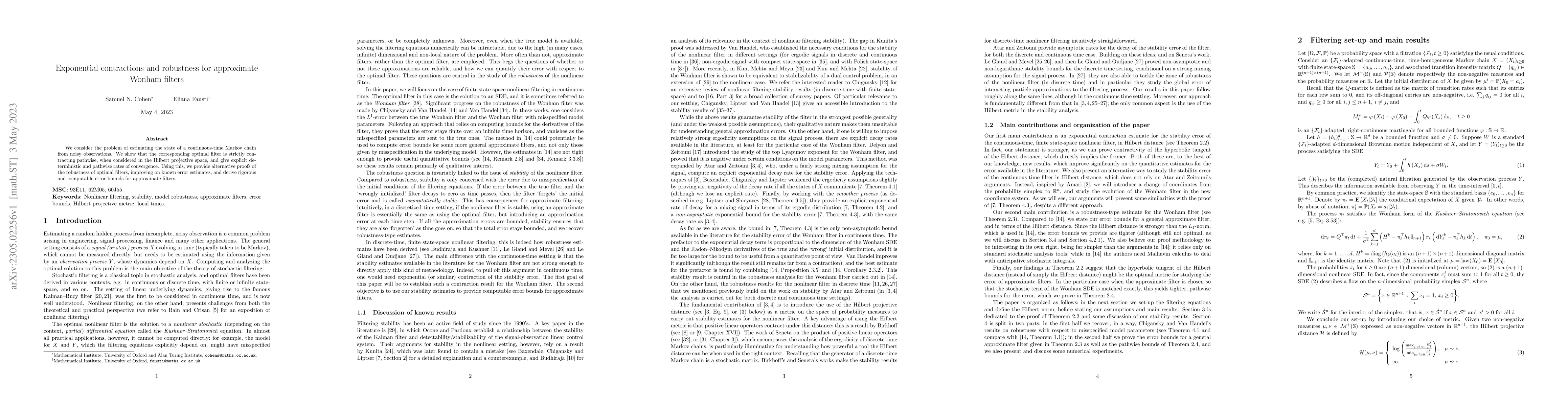 Thumbnail for Exponential contractions and robustness for approximate Wonham filters