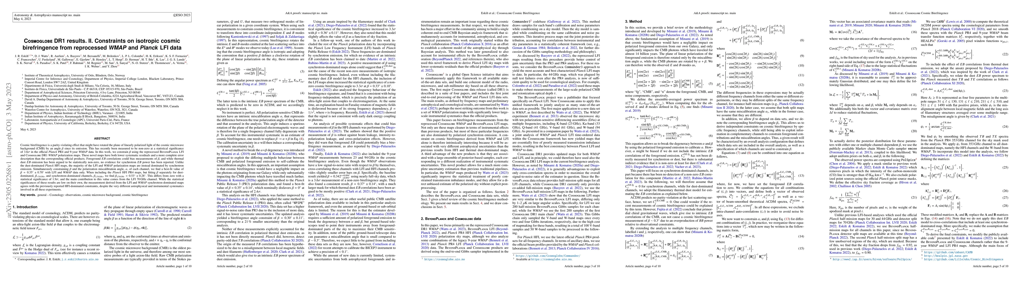 Thumbnail for Cosmoglobe DR1 results. II. Constraints on isotropic cosmic
  birefringence from reprocessed WMAP and Planck LFI data
