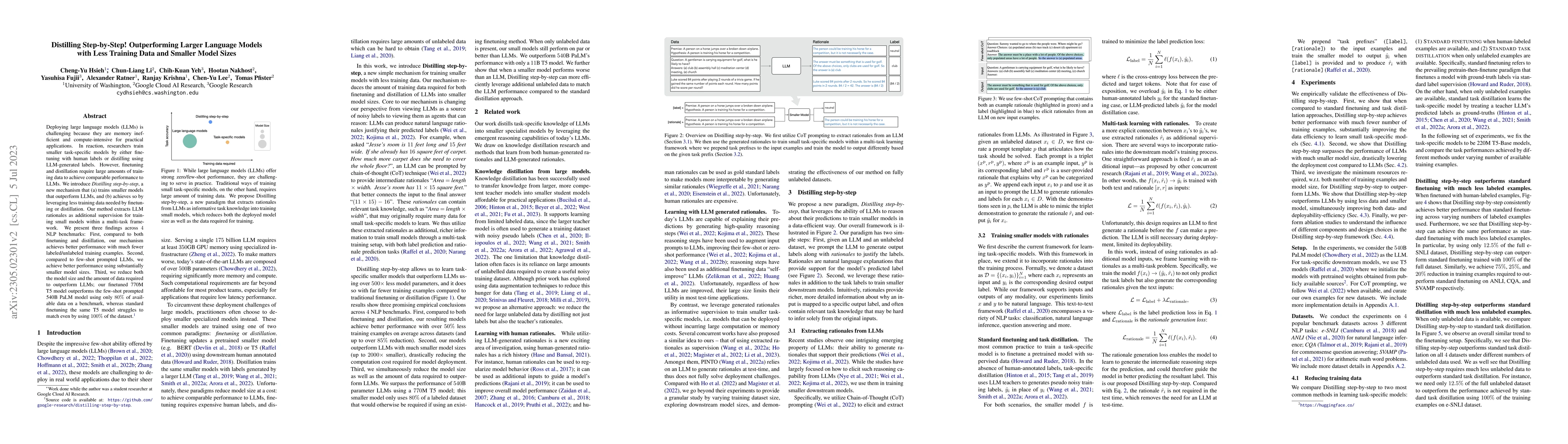 Thumbnail for Distilling Step-by-Step! Outperforming Larger Language Models with Less
  Training Data and Smaller Model Sizes
