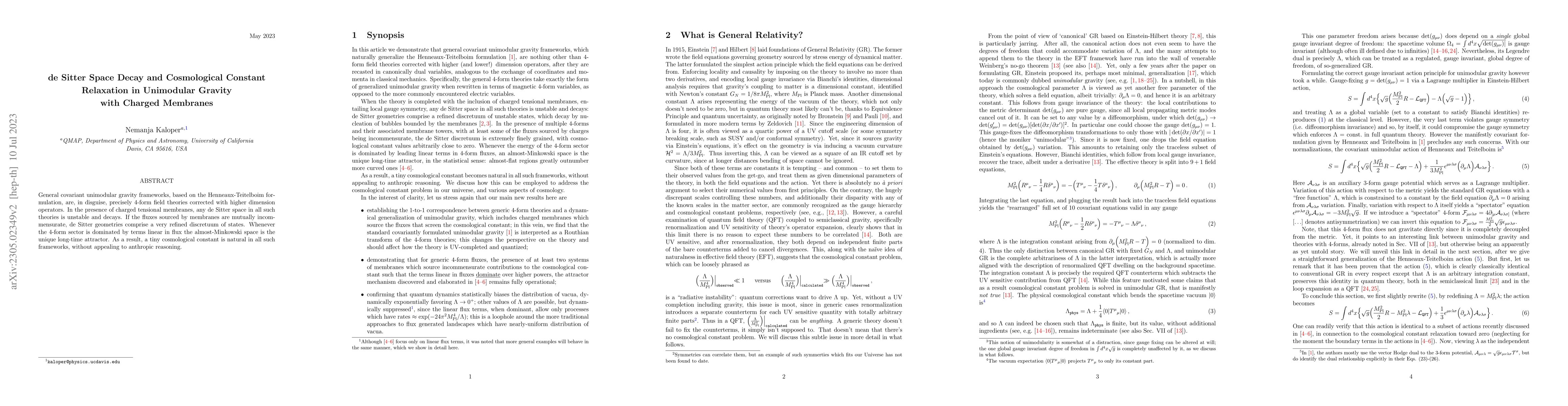 Thumbnail for de Sitter Space Decay and Cosmological Constant Relaxation in Unimodular
  Gravity with Charged Membranes
