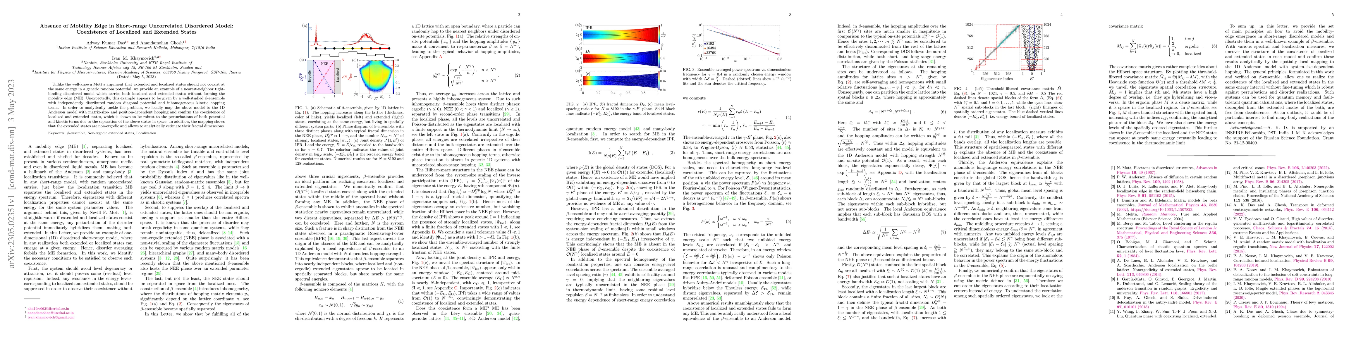 Thumbnail for Absence of Mobility Edge in Short-range Uncorrelated Disordered Model:
  Coexistence of Localized and Extended States