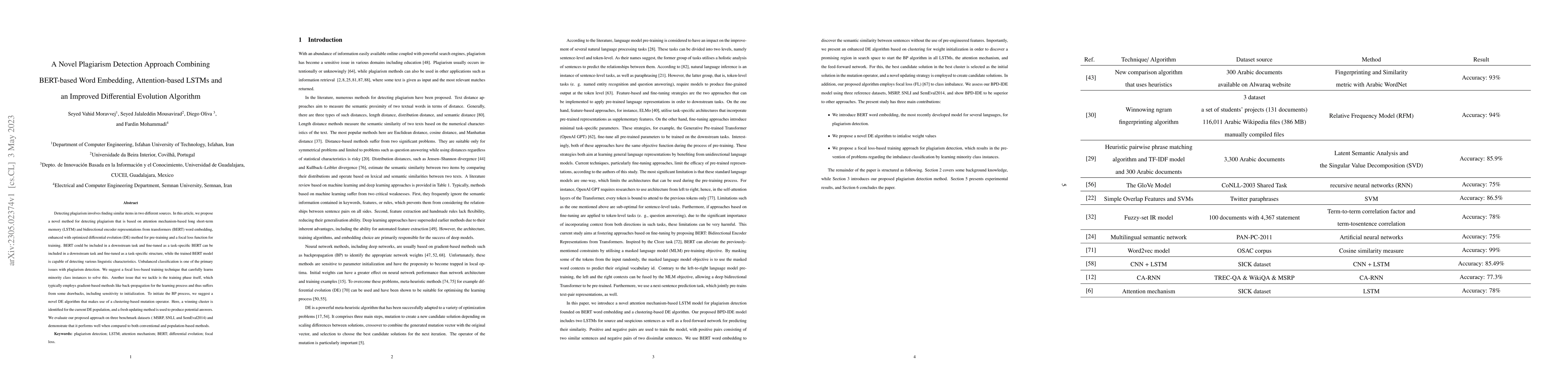 Thumbnail for A Novel Plagiarism Detection Approach Combining BERT-based Word
  Embedding, Attention-based LSTMs and an Improved Differential Evolution
  Algorithm