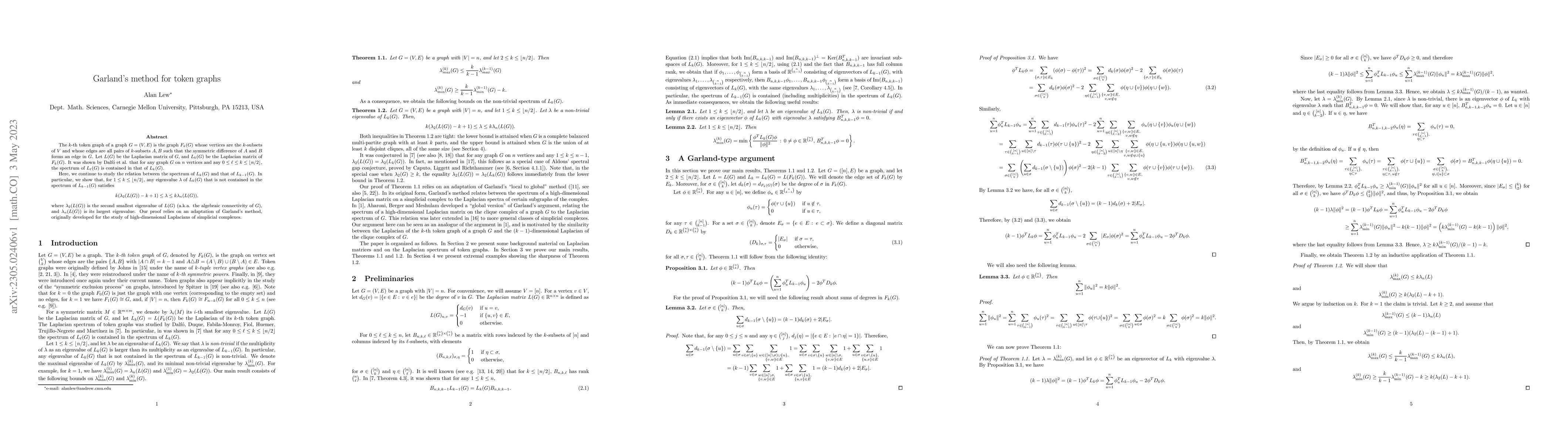 Thumbnail for Garland's method for token graphs