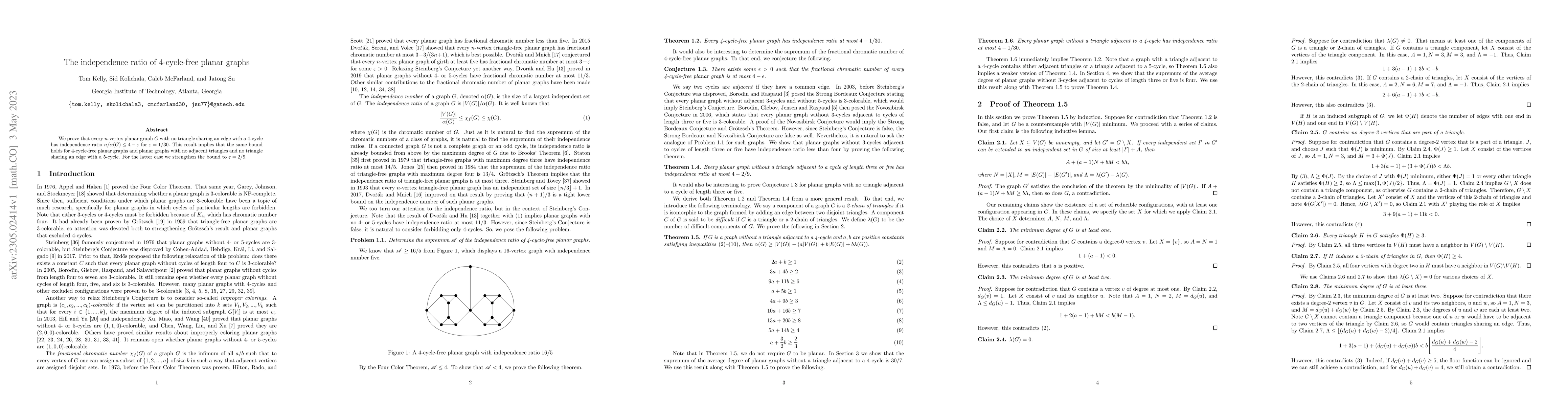 Thumbnail for The independence ratio of 4-cycle-free planar graphs