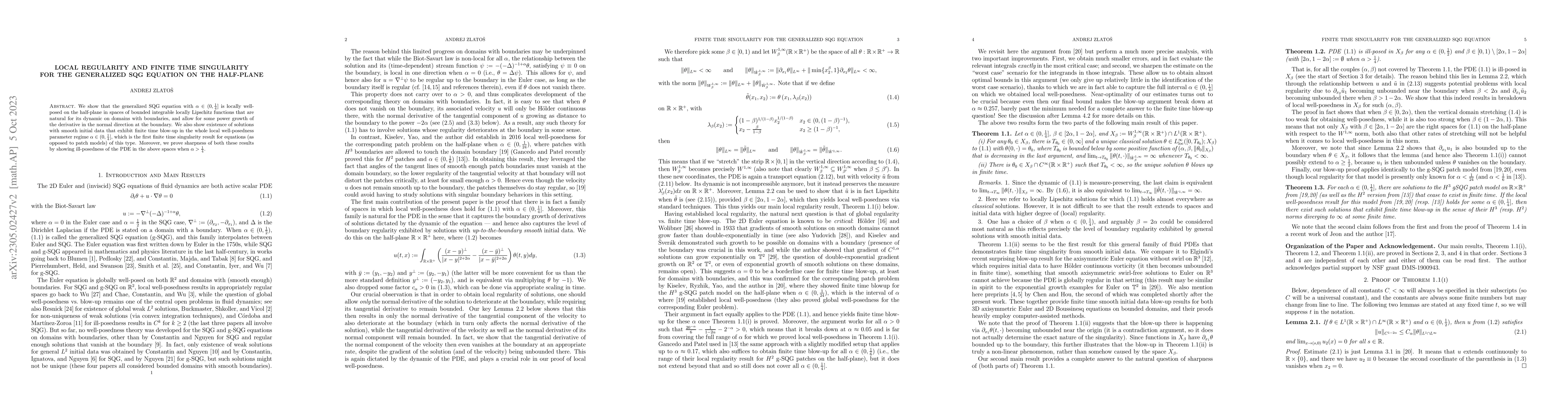 Thumbnail for Local regularity and finite time singularity for the generalized SQG
  equation on the half-plane