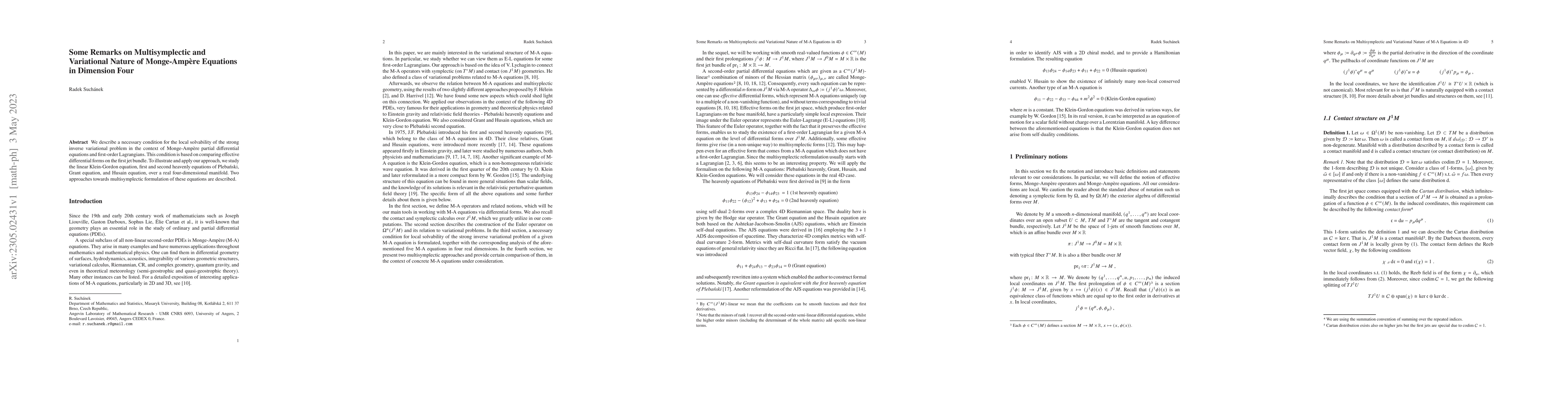Thumbnail for Some Remarks on Multisymplectic and Variational Nature of Monge-Amp\`ere
  Equations in Dimension Four