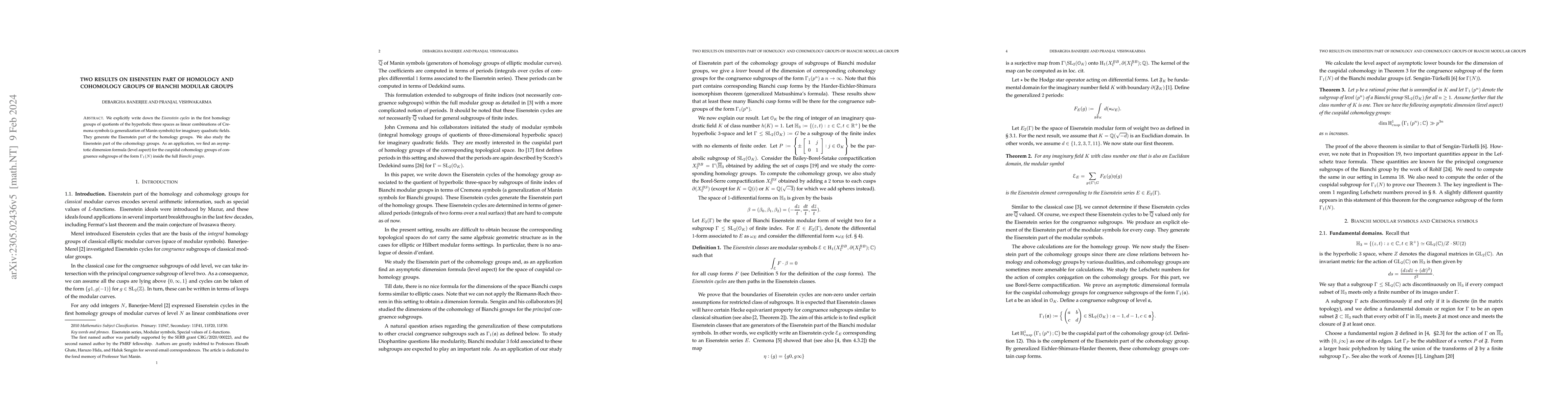 Thumbnail for Two results on Eisenstein part of homology and cohomology groups of
  Bianchi modular groups