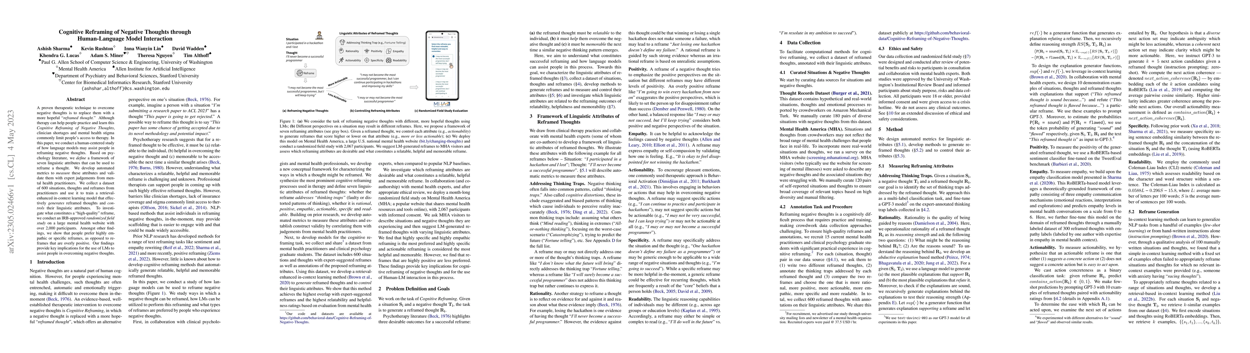 Thumbnail for Cognitive Reframing of Negative Thoughts through Human-Language Model
  Interaction