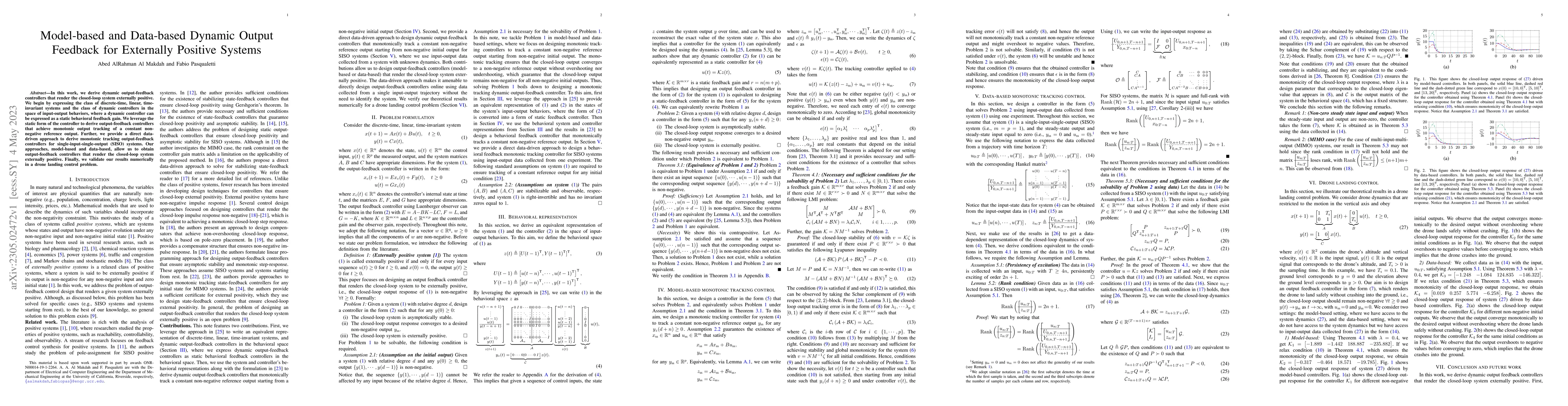 Thumbnail for Model-based and Data-based Dynamic Output Feedback for Externally
  Positive Systems