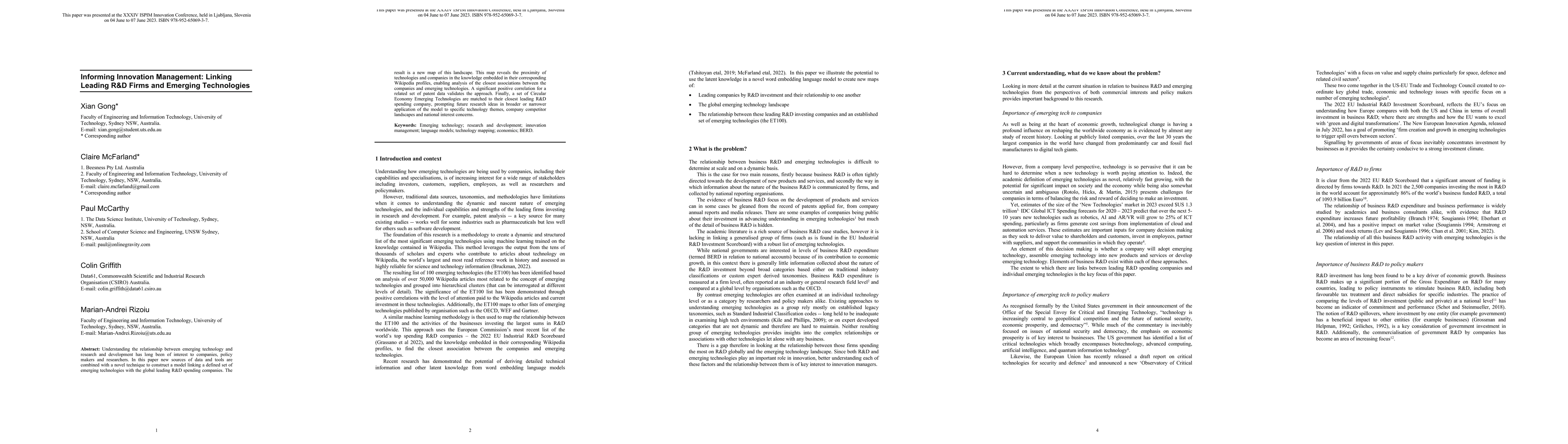 Thumbnail for Informing Innovation Management: Linking Leading R&D Firms and Emerging
  Technologies