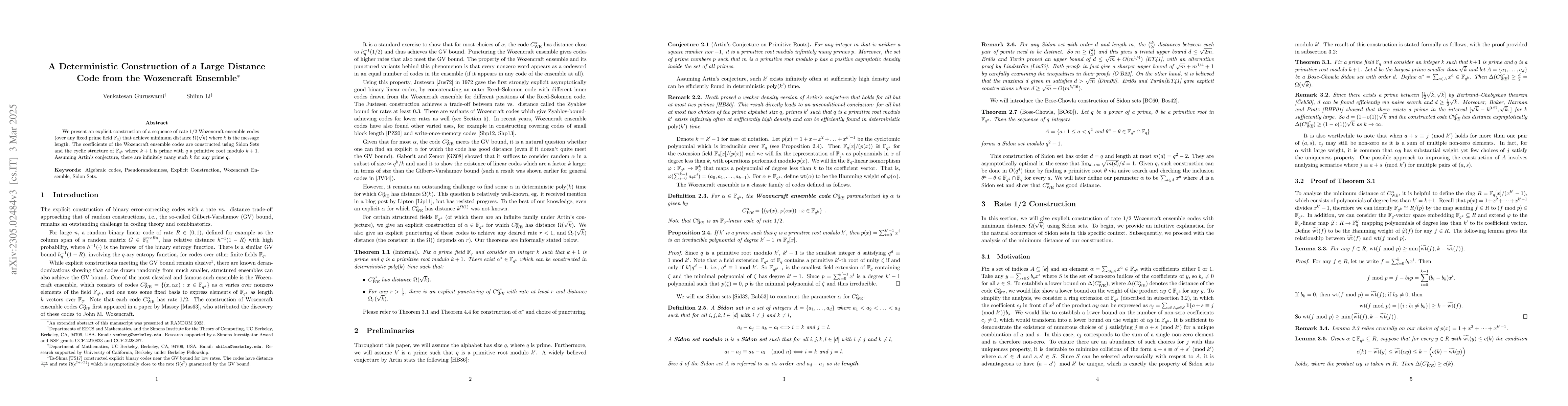 Thumbnail for A Deterministic Construction of a Large Distance Code from the
  Wozencraft Ensemble