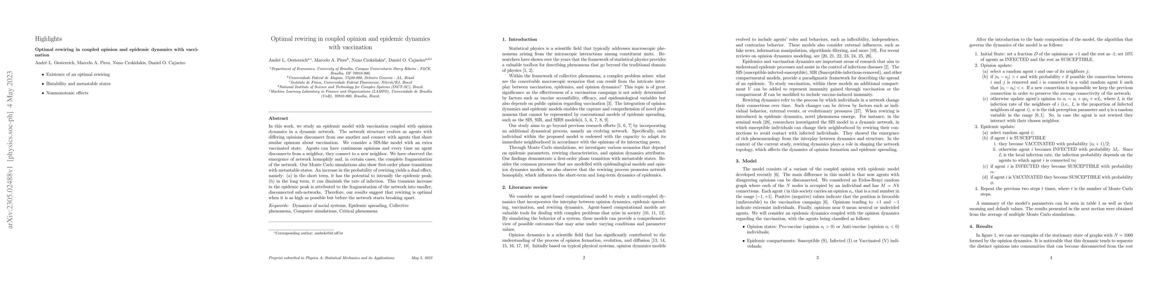Thumbnail for Optimal rewiring in coupled opinion and epidemic dynamics with
  vaccination
