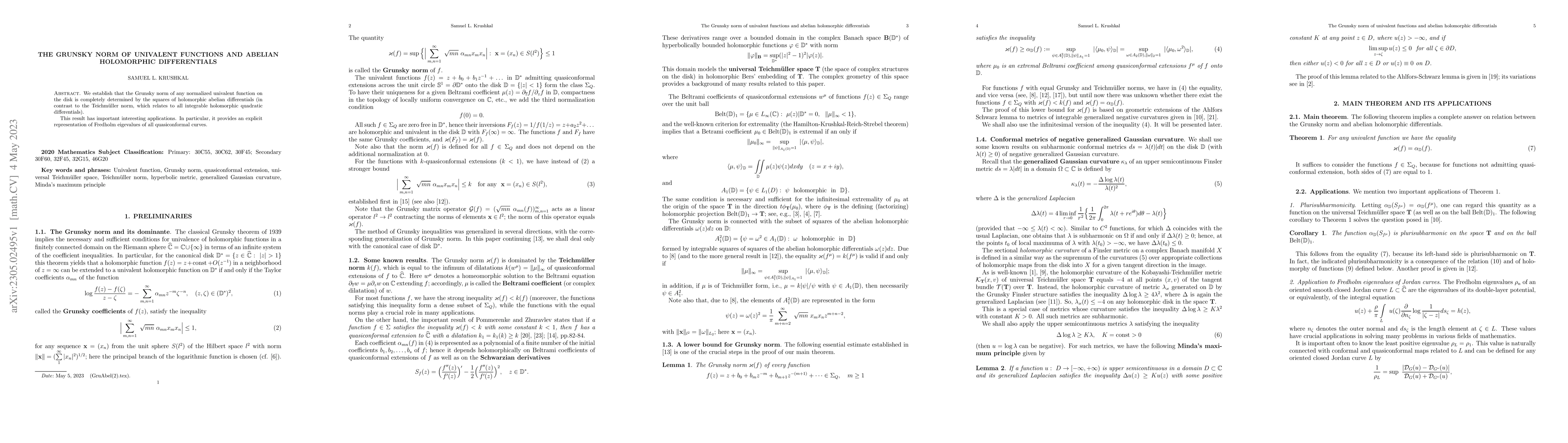 Thumbnail for The Grunsky norm of univalent functions and abelian holomorphic
  differentials