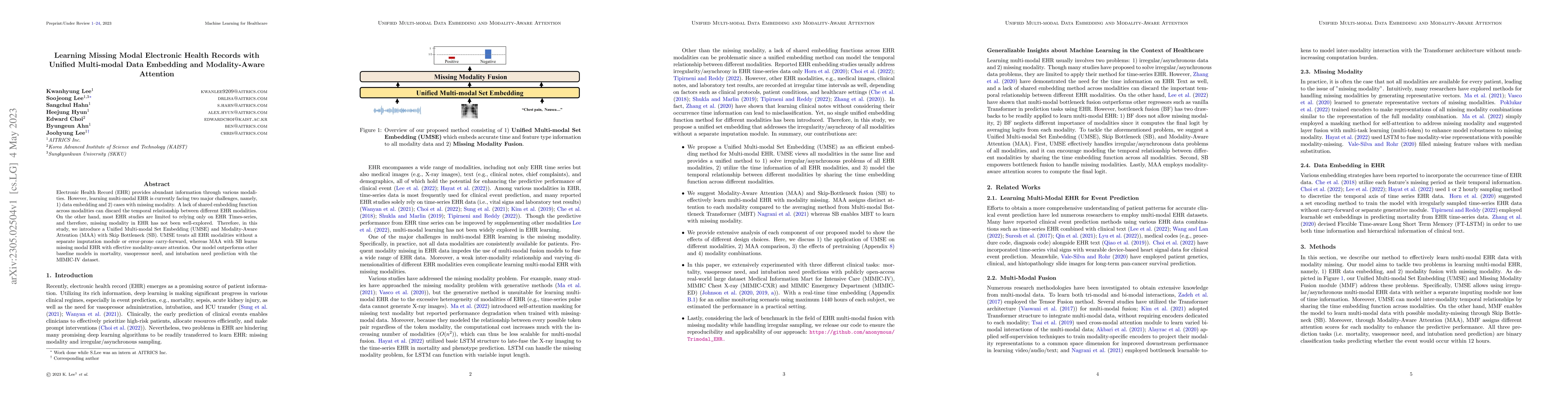 Thumbnail for Learning Missing Modal Electronic Health Records with Unified
  Multi-modal Data Embedding and Modality-Aware Attention