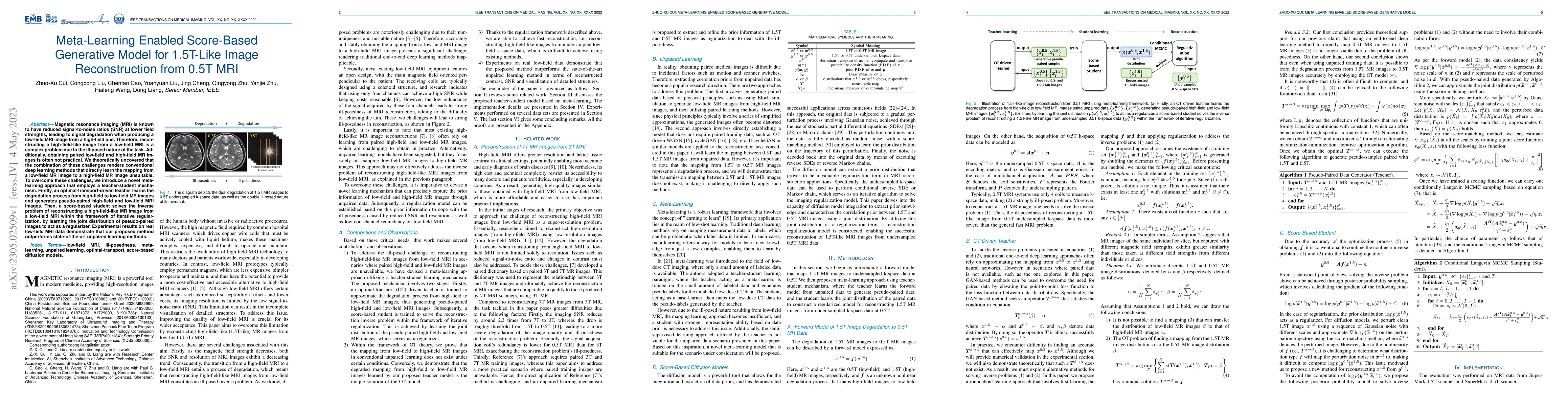 Thumbnail for Meta-Learning Enabled Score-Based Generative Model for 1.5T-Like Image
  Reconstruction from 0.5T MRI