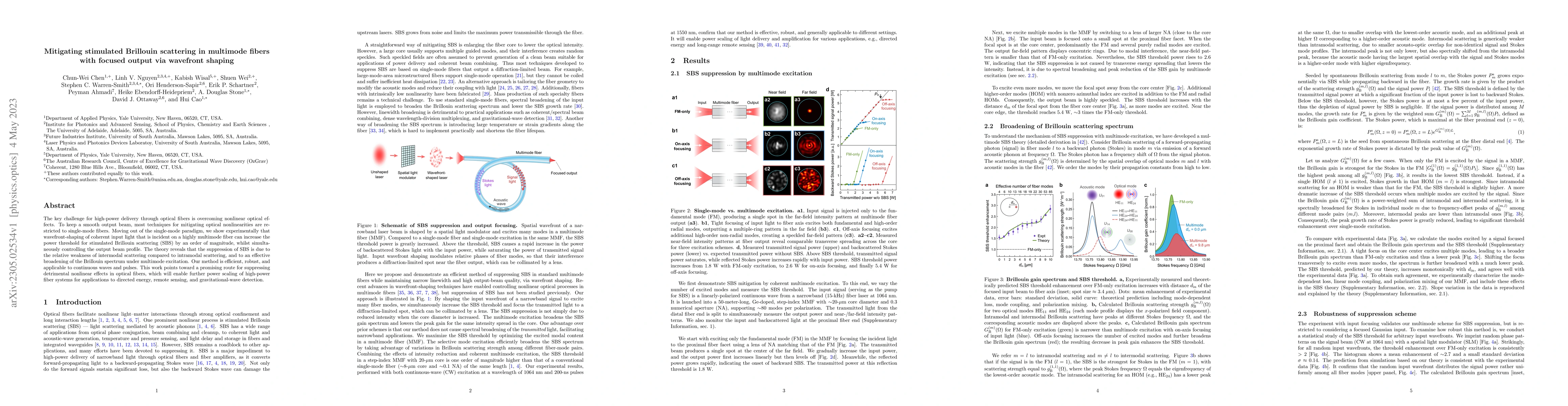Thumbnail for Mitigating stimulated Brillouin scattering in multimode fibers with
  focused output via wavefront shaping