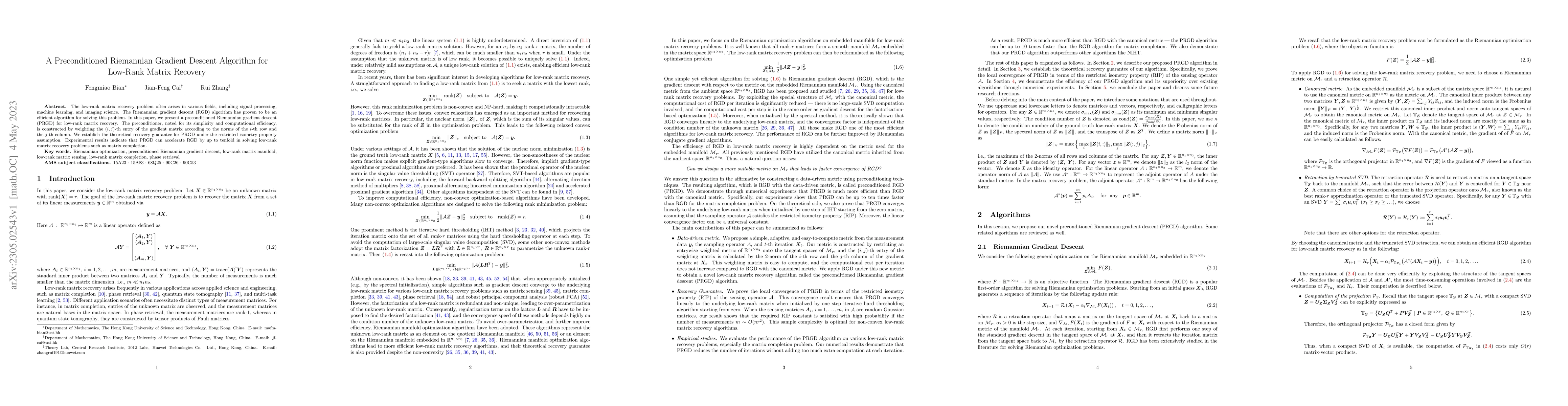 Thumbnail for A Preconditioned Riemannian Gradient Descent Algorithm for Low-Rank
  Matrix Recovery