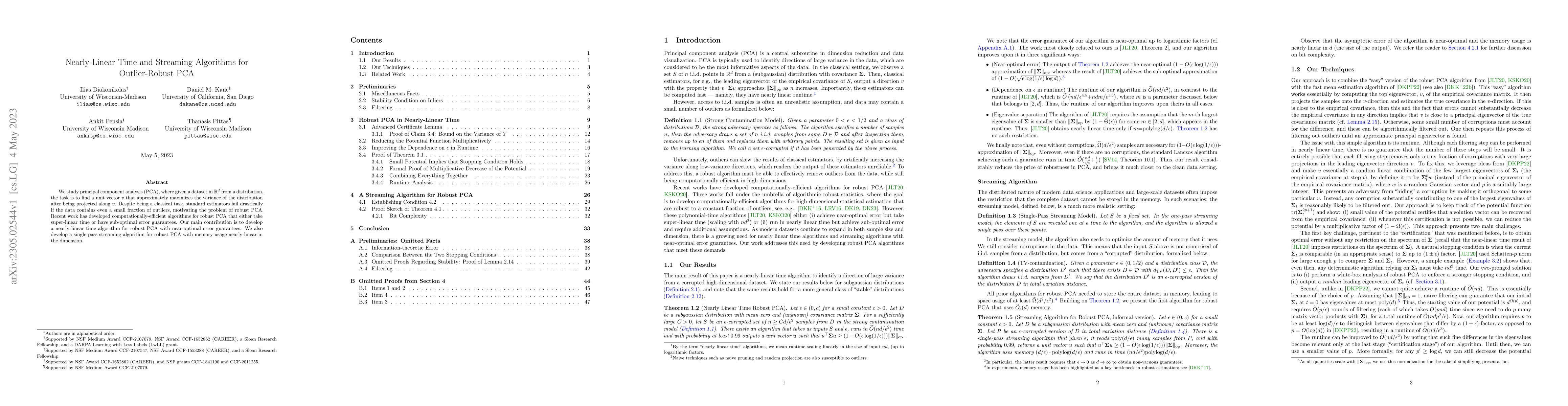 Thumbnail for Nearly-Linear Time and Streaming Algorithms for Outlier-Robust PCA