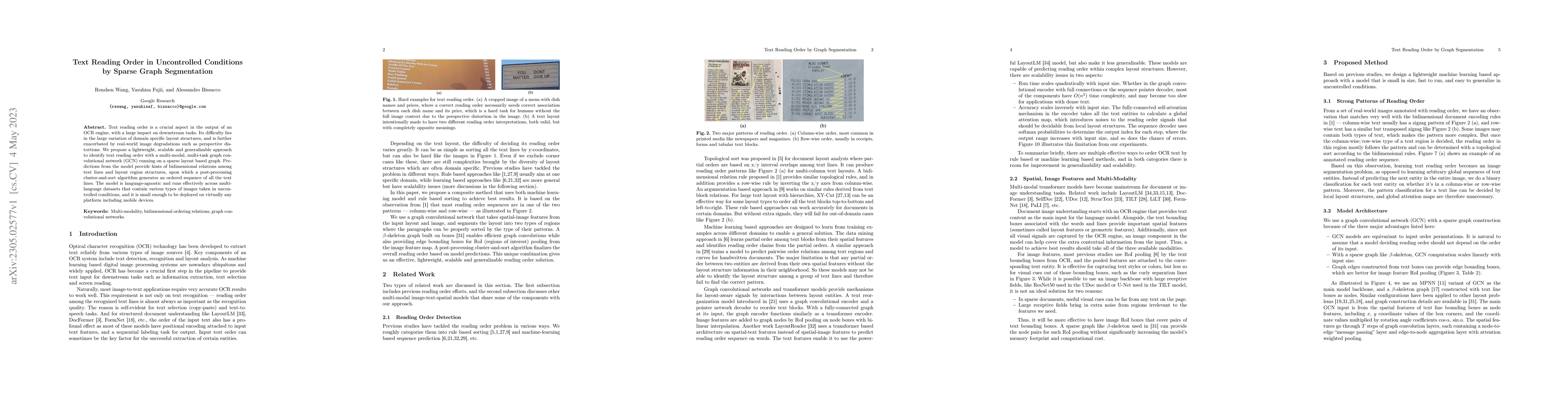 Thumbnail for Text Reading Order in Uncontrolled Conditions by Sparse Graph
  Segmentation