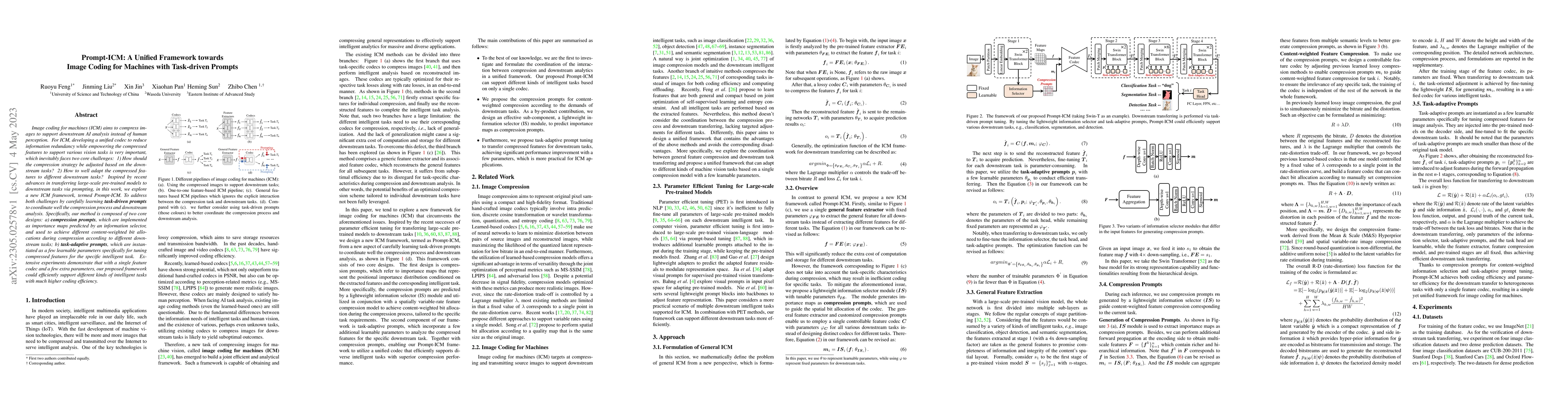 Thumbnail for Prompt-ICM: A Unified Framework towards Image Coding for Machines with
  Task-driven Prompts