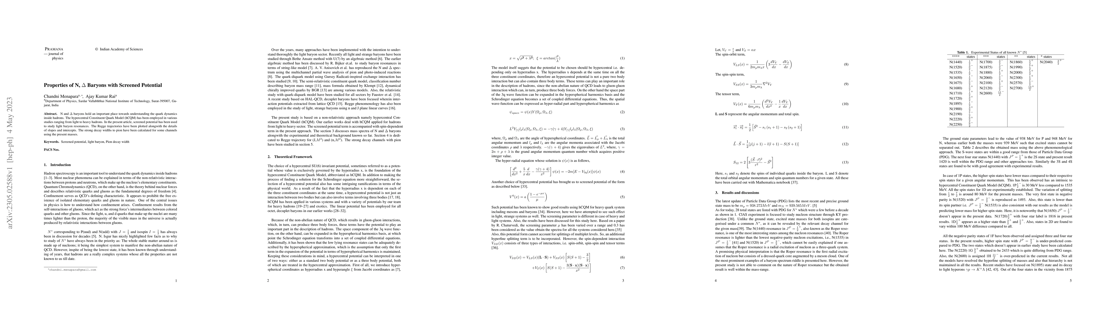 Thumbnail for Properties of N, $\Delta$ Baryons with Screened Potential
