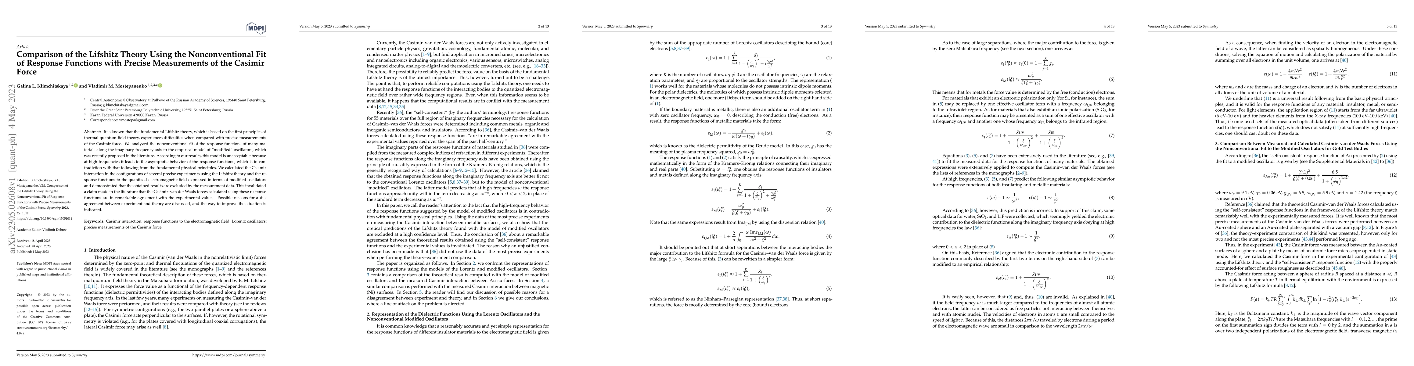 Thumbnail for Comparison of the Lifshitz Theory Using the Nonconventional Fit of
  Response Functions with Precise Measurements of the Casimir Force
