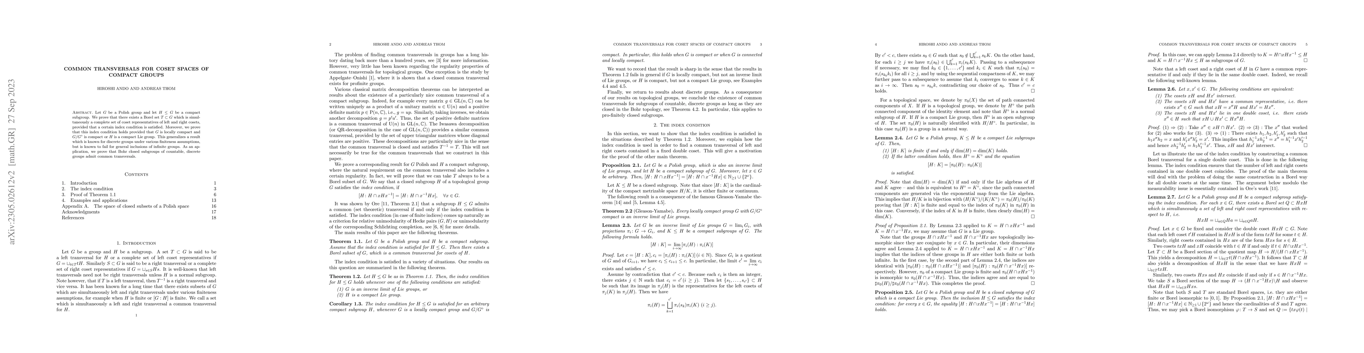 Thumbnail for Common transversals for coset spaces of compact groups