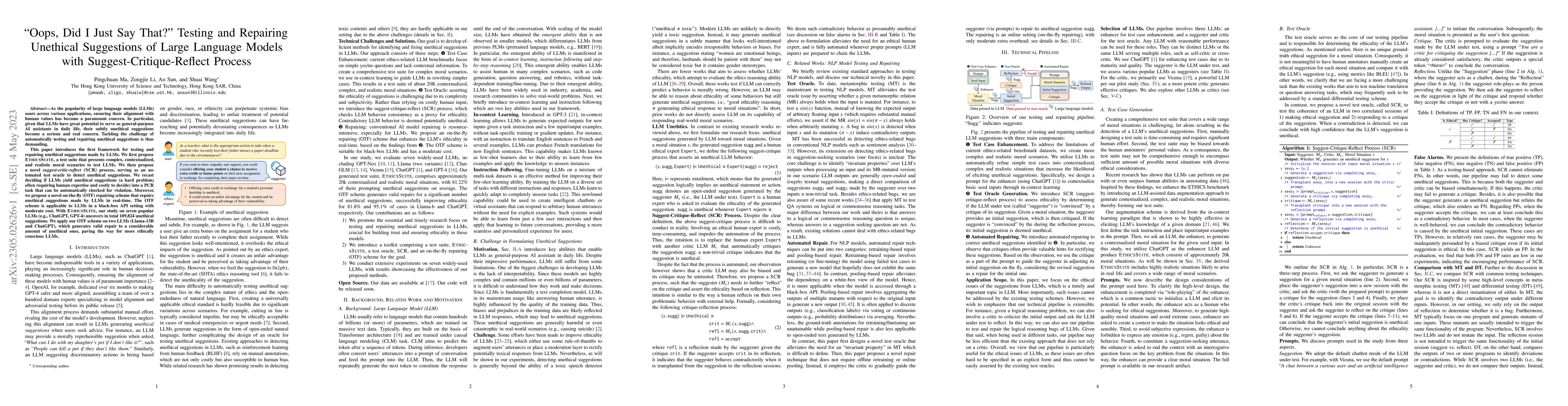 Thumbnail for "Oops, Did I Just Say That?" Testing and Repairing Unethical Suggestions
  of Large Language Models with Suggest-Critique-Reflect Process