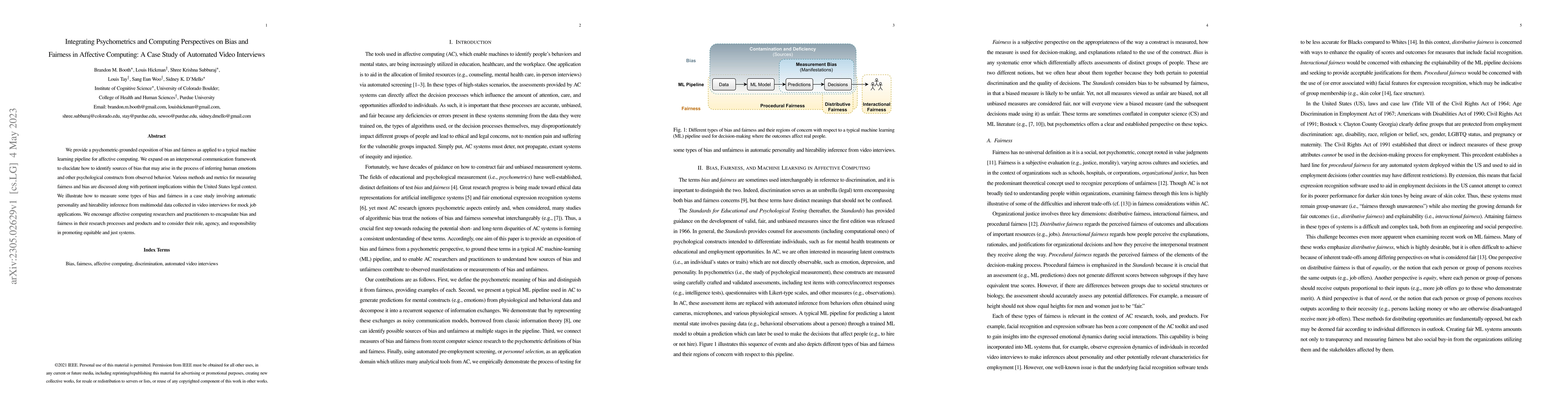 Thumbnail for Integrating Psychometrics and Computing Perspectives on Bias and
  Fairness in Affective Computing: A Case Study of Automated Video Interviews