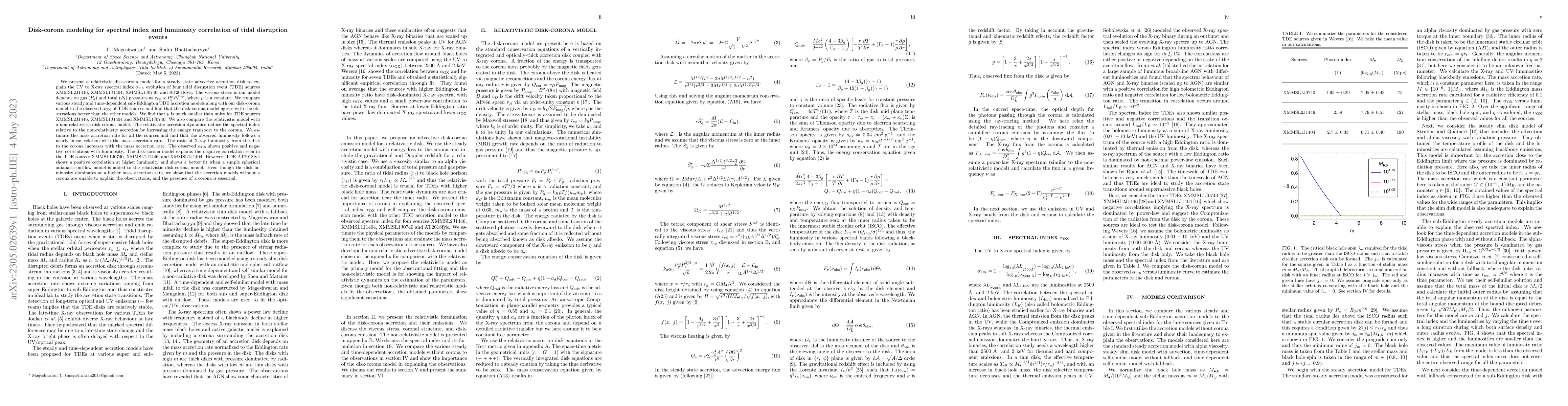 Thumbnail for Disk-corona modeling for spectral index and luminosity correlation of
  tidal disruption events