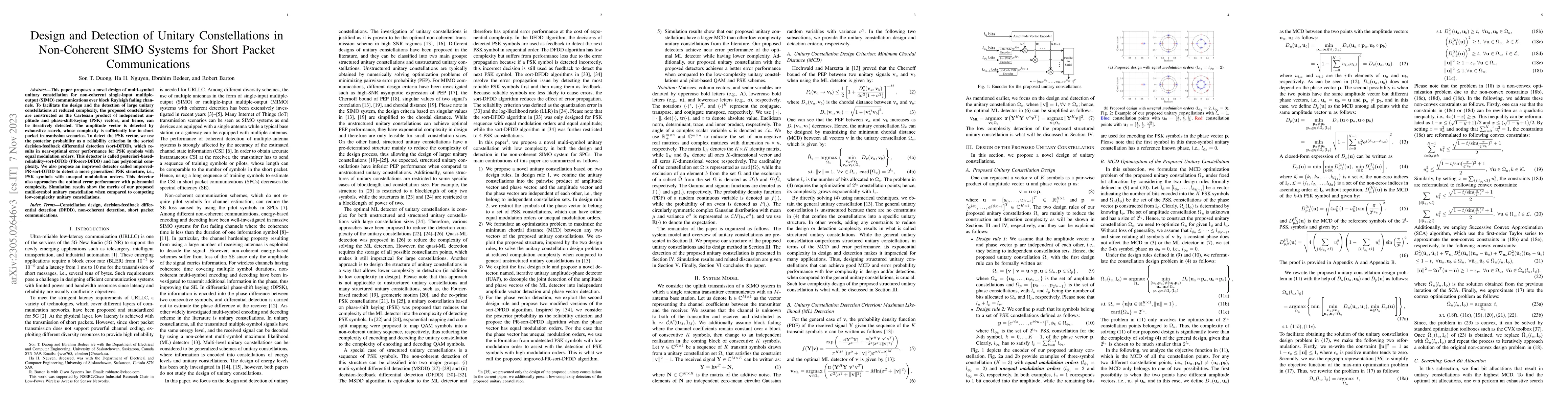 Thumbnail for Design and Detection of Unitary Constellations in Non-Coherent SIMO
  Systems for Short Packet Communications