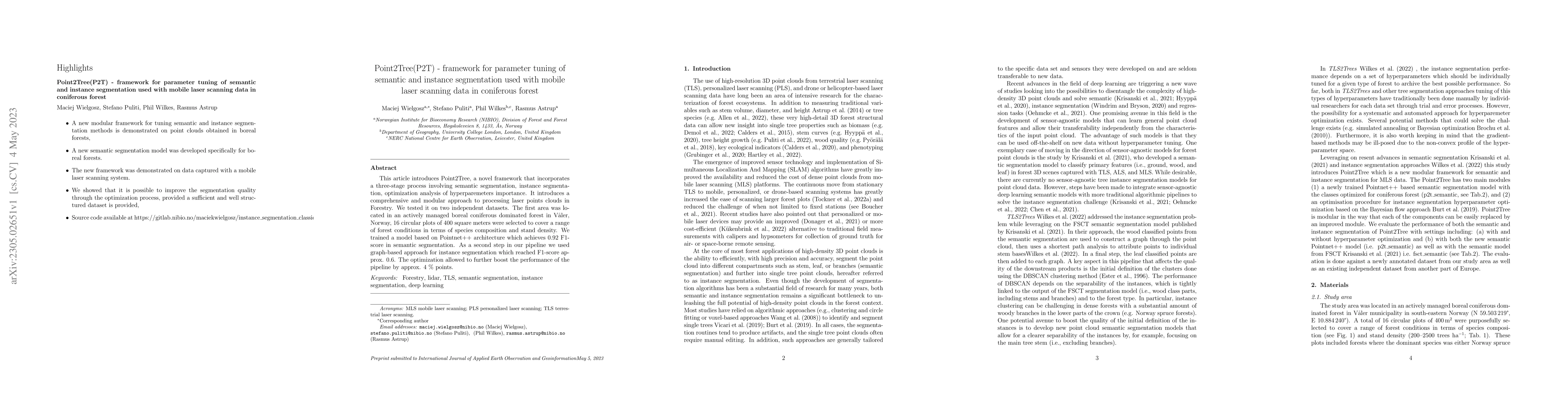Thumbnail for Point2Tree(P2T) -- framework for parameter tuning of semantic and
  instance segmentation used with mobile laser scanning data in coniferous
  forest