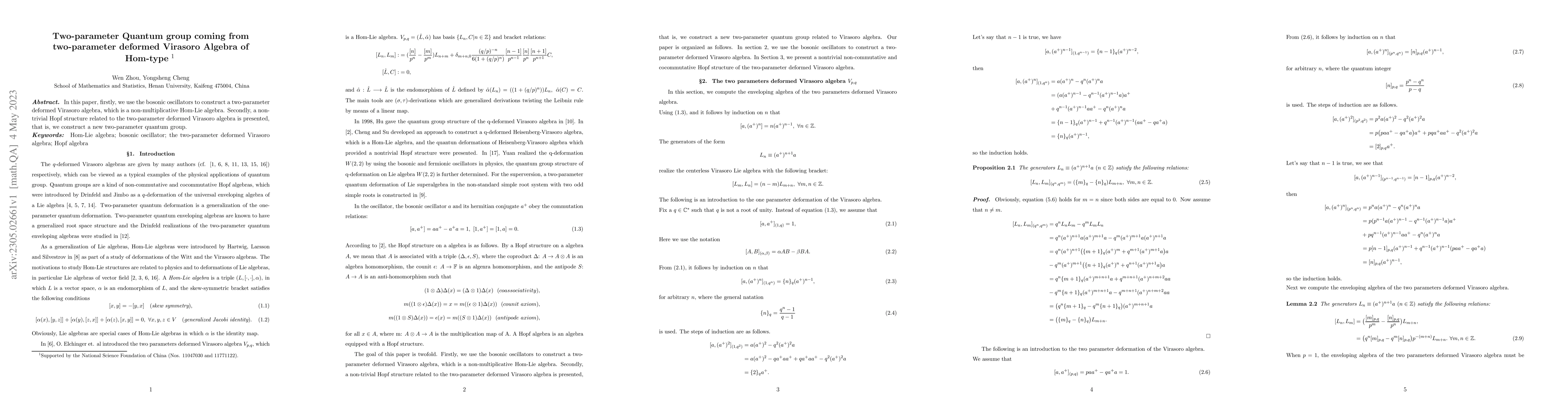 Thumbnail for Two-parameter Quantum group coming from two-parameter deformed Virasoro
  Algebra of Hom-type