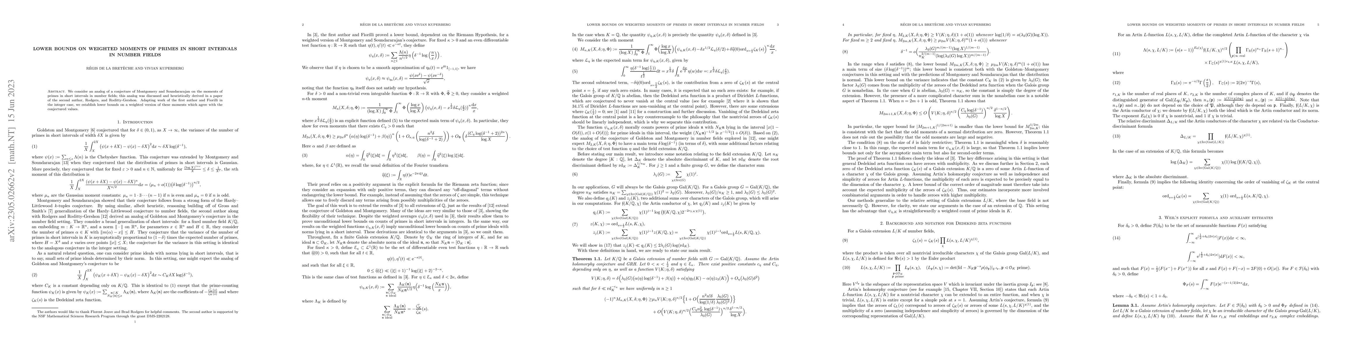 Thumbnail for Lower bounds on weighted moments of primes in short intervals in number
  fields