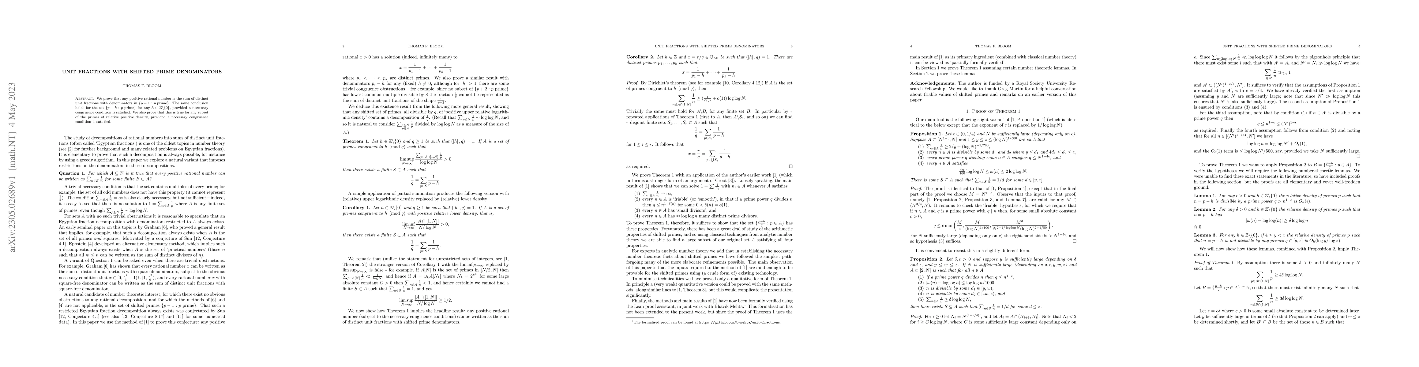 Thumbnail for Unit fractions with shifted prime denominators