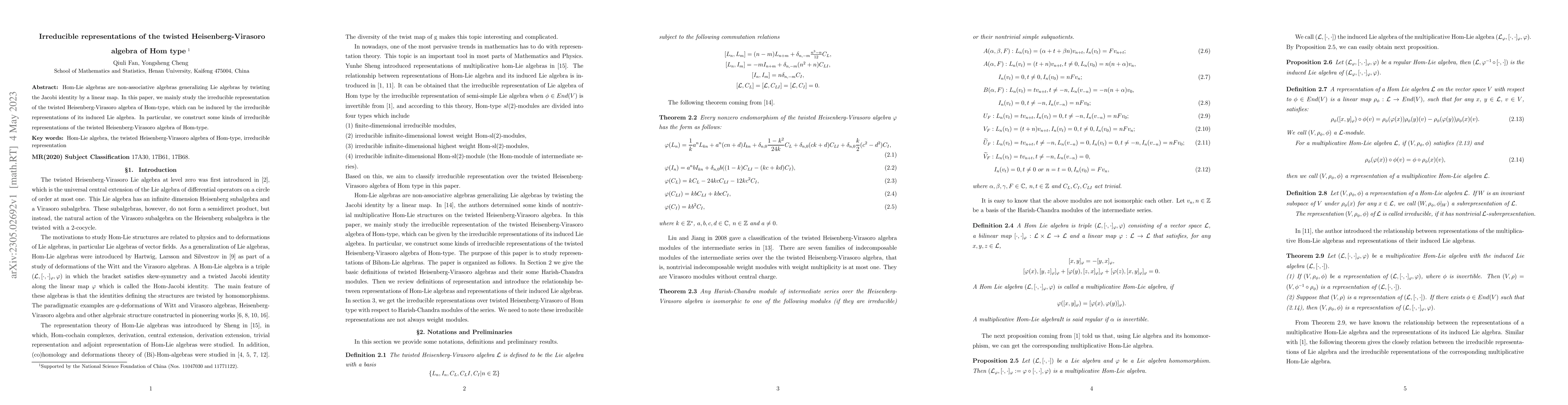 Thumbnail for Irreducible representations of the twisted Heisenberg-Virasoro algebra
  of Hom type