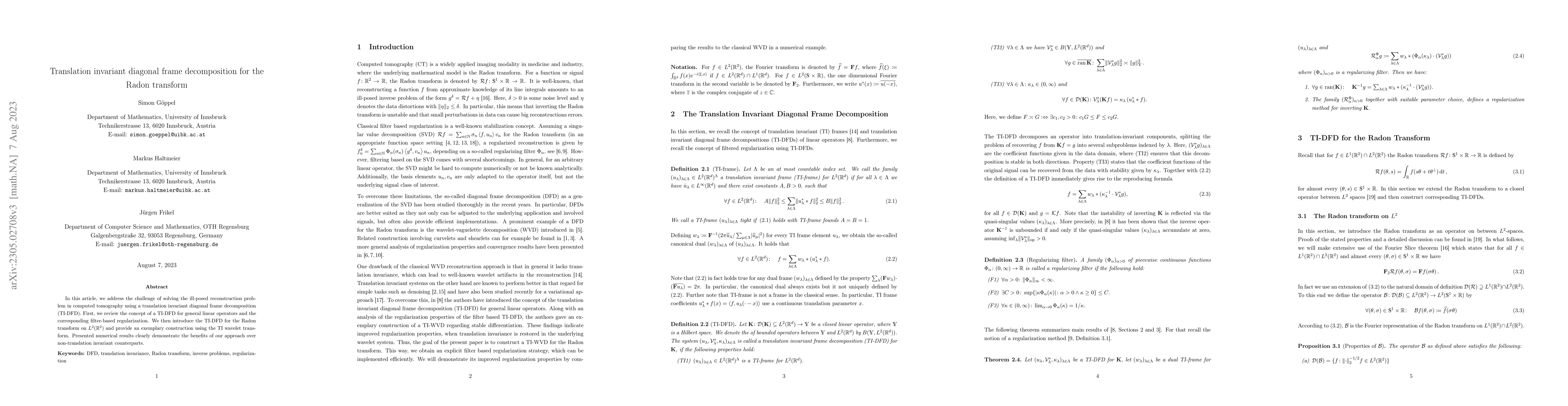 Thumbnail for Translation invariant diagonal frame decomposition for the Radon
  transform