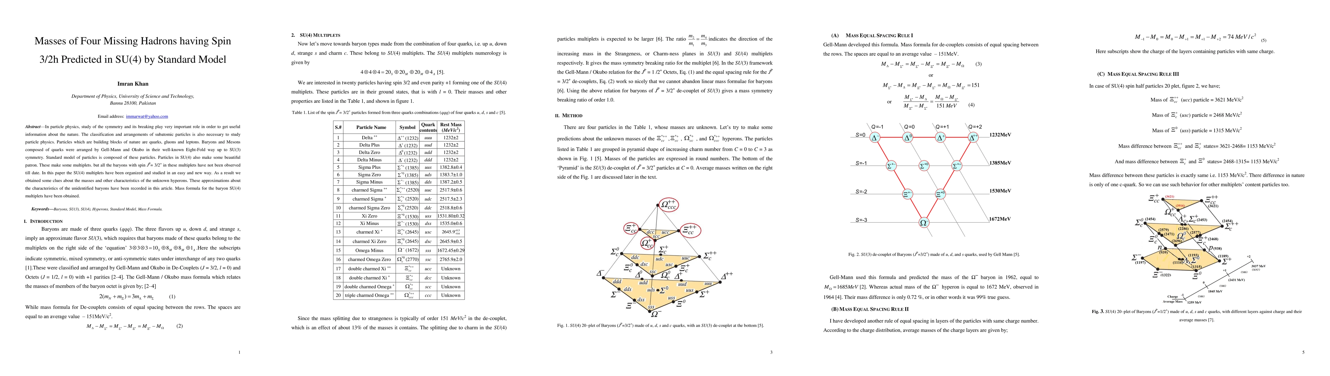 Thumbnail for Masses of Four Missing Hadrons having Spin 3/2h Predicted in SU(4) by
  Standard Model