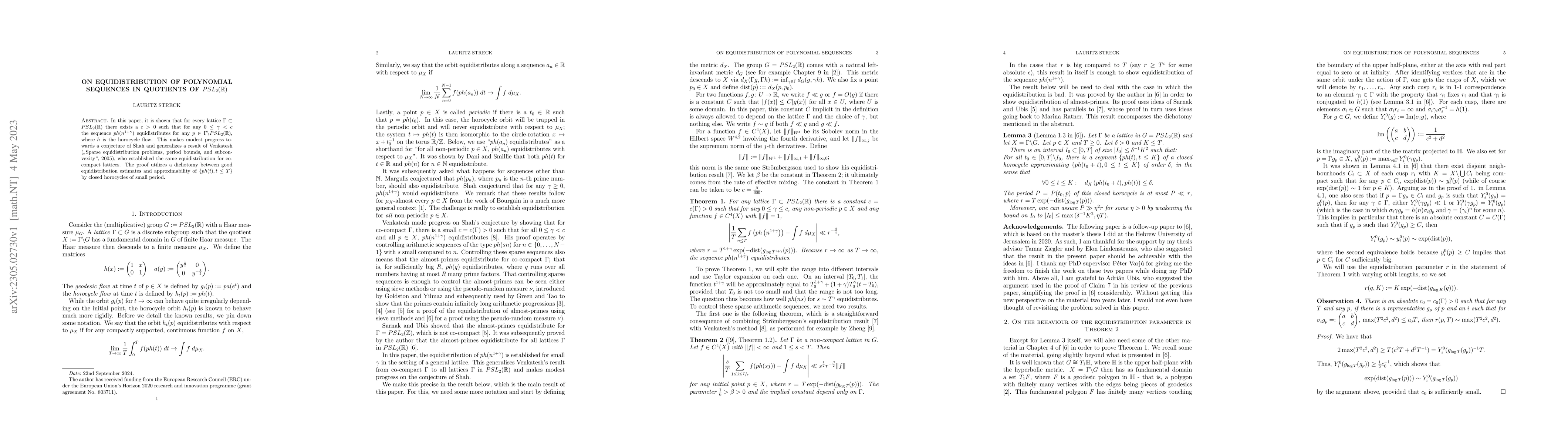 Thumbnail for On equidistribution of polynomial sequences in quotients of
  $PSL_2(\mathbb{R})$
